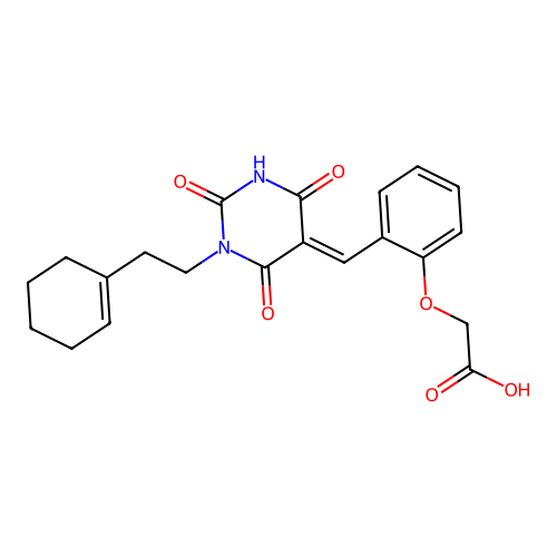 (E)-2-(2-((1-(2-(cyclohex-1-en-1-yl)ethyl)-2,4,6-trioxotetrahydropyrimidin-5(2H)-ylidene)methyl)phenoxy)acetic acid structure