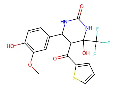 4-hydroxy-6-(4-hydroxy-3-methoxyphenyl)-5-(thiophene-2-carbonyl)-4-(trifluoromethyl)tetrahydropyrimidin-2(1H)-one structure