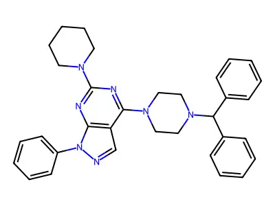 4-(4-benzhydrylpiperazin-1-yl)-1-phenyl-6-piperidin-1-ylpyrazolo[3,4-d]pyrimidine structure