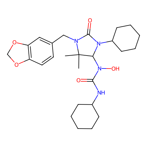 1-(1-(benzo[d][1,3]dioxol-5-ylmethyl)-3-cyclohexyl-5,5-dimethyl-2-oxoimidazolidin-4-yl)-3-cyclohexyl-1-hydroxyurea structure