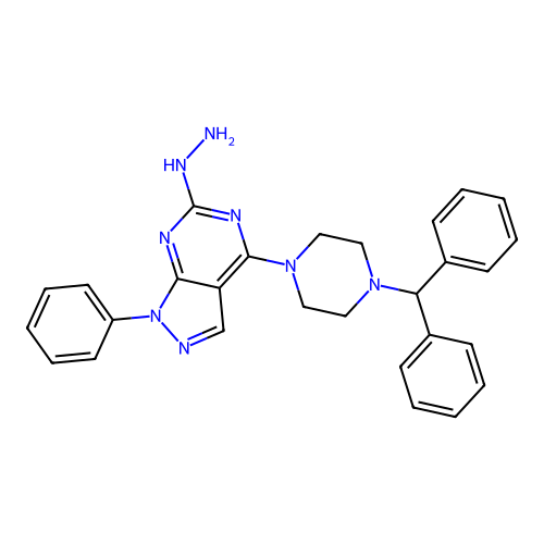 [4-(4-benzhydrylpiperazin-1-yl)-1-phenylpyrazolo[3,4-d]pyrimidin-6-yl]hydrazine structure
