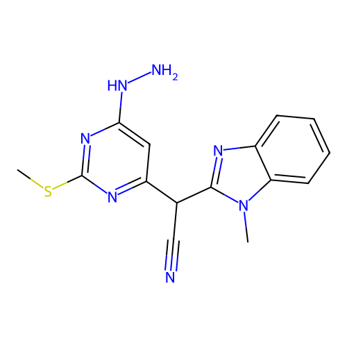 2-(6-hydrazinyl-2-methylsulfanylpyrimidin-4-yl)-2-(1-methylbenzimidazol-2-yl)acetonitrile structure