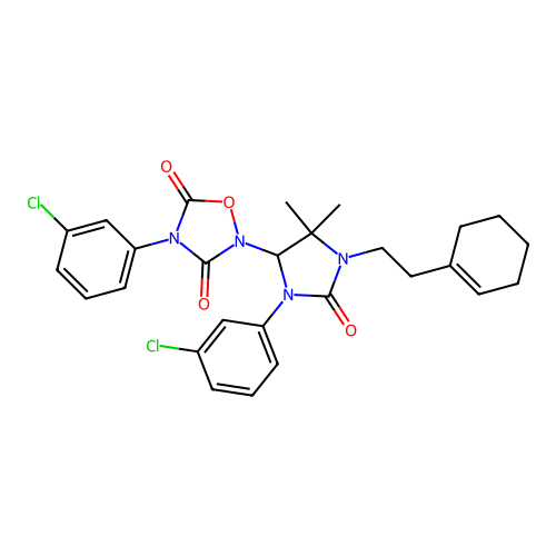 4-(3-chlorophenyl)-2-(3-(3-chlorophenyl)-1-(2-(cyclohex-1-en-1-yl)ethyl)-5,5-dimethyl-2-oxoimidazolidin-4-yl)-1,2,4-oxadiazolidine-3,5-dione structure