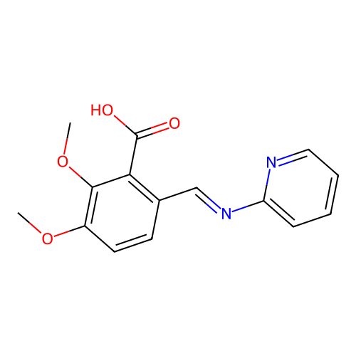 (E)-2,3-dimethoxy-6-((pyridin-2-ylimino)methyl)benzoic acid structure
