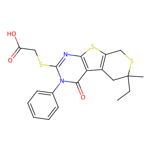 2-((6-ethyl-6-methyl-4-oxo-3-phenyl-4,5,6,8-tetrahydro-3H-thiopyrano[4',3':4,5]thieno[2,3-d]pyrimidin-2-yl)thio)acetic acid structure