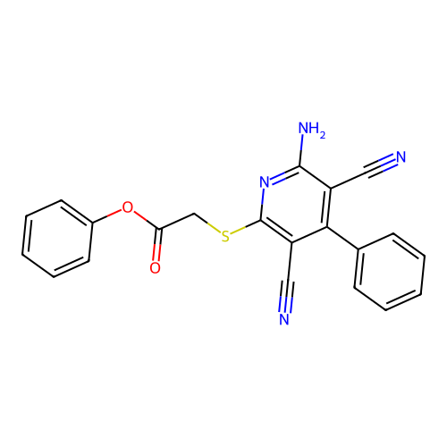 Phenyl 2-((6-amino-3,5-dicyano-4-phenylpyridin-2-yl)thio)acetate structure