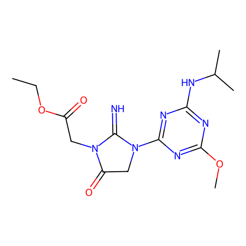 [2-Imino-3-(4-isopropylamino-6-methoxy-[1,3,5]triazin-2-yl)-5-oxo-imidazolidin-1-yl]-acetic acid ethyl  ester structure