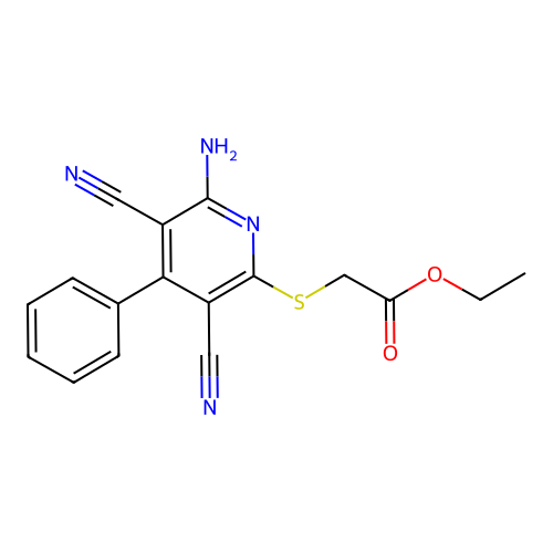 Ethyl 2-((6-amino-3,5-dicyano-4-phenylpyridin-2-yl)thio)acetate structure