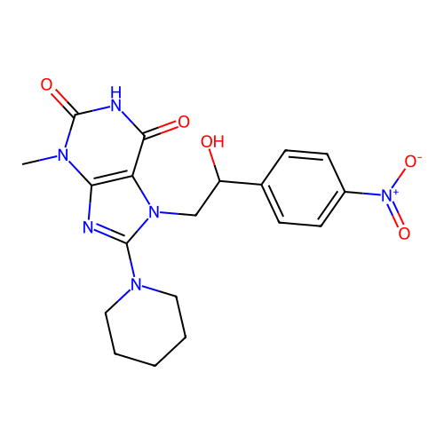 7-(2-hydroxy-2-(4-nitrophenyl)ethyl)-3-methyl-8-(piperidin-1-yl)-1H-purine-2,6(3H,7H)-dione structure