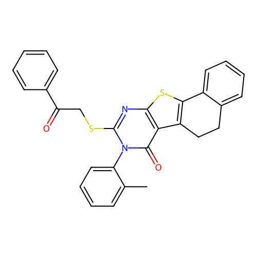 8-(2-methylphenyl)-9-[(2-oxo-2-phenylethyl)sulfanyl]-5,8-dihydronaphtho[2',1':4,5]thieno[2,3-d]pyrimidin-7(6H)-one structure