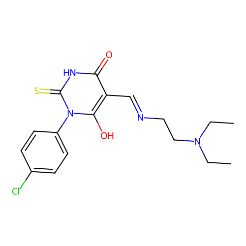 (5E)-1-(4-chlorophenyl)-5-({[2-(diethylamino)ethyl]amino}methylidene)-2-sulfanylpyrimidine-4,6(1H,5H)-dione structure
