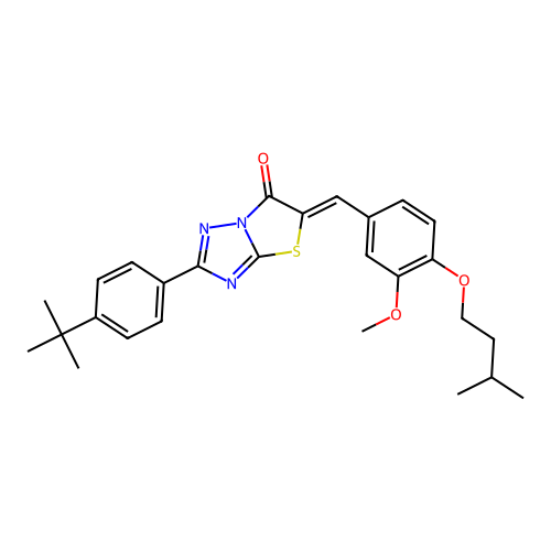 (Z)-2-(4-(tert-butyl)phenyl)-5-(4-(isopentyloxy)-3-methoxybenzylidene)thiazolo[3,2-b][1,2,4]triazol-6(5H)-one structure