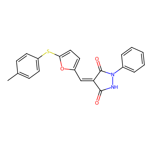 (4Z)-4-[[5-(4-methylphenyl)sulfanylfuran-2-yl]methylidene]-1-phenylpyrazolidine-3,5-dione structure