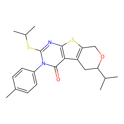 3-(4-methylphenyl)-6-(propan-2-yl)-2-(propan-2-ylsulfanyl)-3,5,6,8-tetrahydro-4H-pyrano[4',3':4,5]thieno[2,3-d]pyrimidin-4-one structure