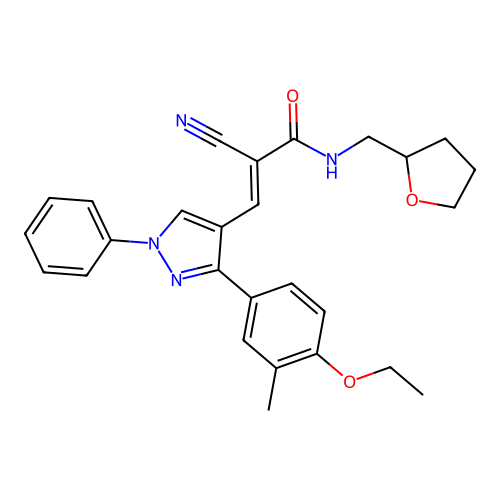 (E)-2-cyano-3-(3-(4-ethoxy-3-methylphenyl)-1-phenyl-1H-pyrazol-4-yl)-N-((tetrahydrofuran-2-yl)methyl)acrylamide structure