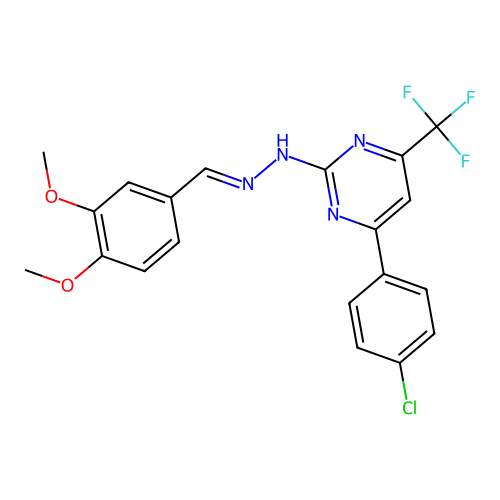 (E)-4-(4-chlorophenyl)-2-(2-(3,4-dimethoxybenzylidene)hydrazinyl)-6-(trifluoromethyl)pyrimidine structure