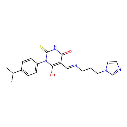(5E)-5-({[3-(1H-imidazol-1-yl)propyl]amino}methylidene)-1-[4-(propan-2-yl)phenyl]-2-thioxodihydropyrimidine-4,6(1H,5H)-dione structure