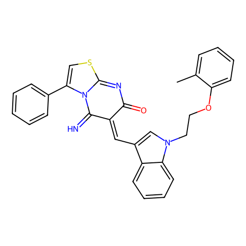(6Z)-5-imino-6-({1-[2-(2-methylphenoxy)ethyl]-1H-indol-3-yl}methylidene)-3-phenyl-5,6-dihydro-7H-[1,3]thiazolo[3,2-a]pyrimidin-7-one structure