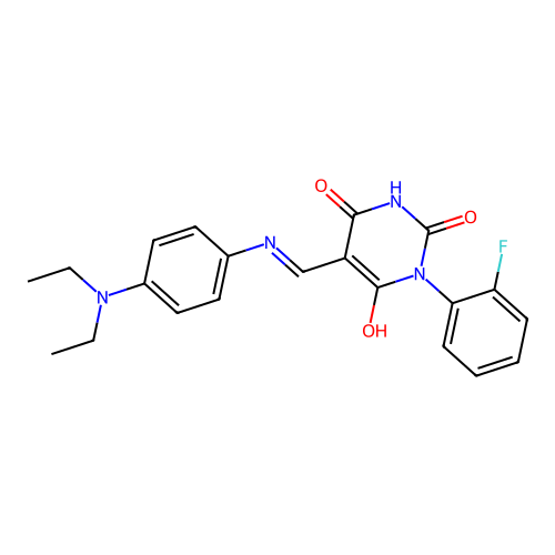 (E)-5-(((4-(diethylamino)phenyl)amino)methylene)-1-(2-fluorophenyl)pyrimidine-2,4,6(1H,3H,5H)-trione structure