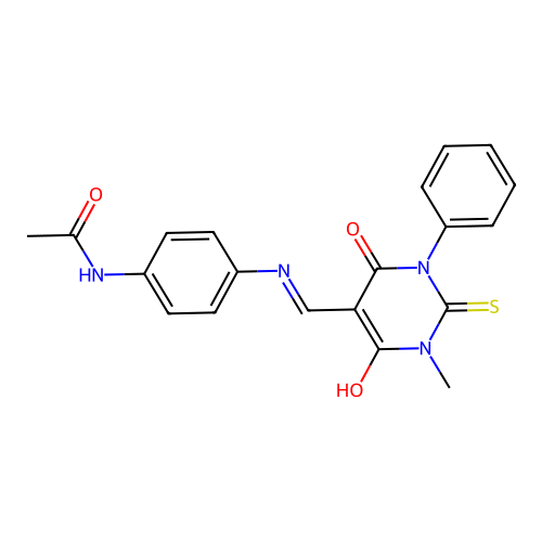 (E)-N-(4-(((1-methyl-4,6-dioxo-3-phenyl-2-thioxotetrahydropyrimidin-5(2H)-ylidene)methyl)amino)phenyl)acetamide structure