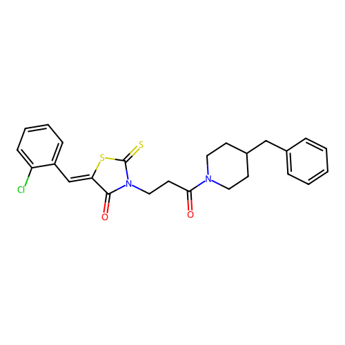 (5Z)-3-[3-(4-benzylpiperidin-1-yl)-3-oxopropyl]-5-(2-chlorobenzylidene)-2-thioxo-1,3-thiazolidin-4-one structure