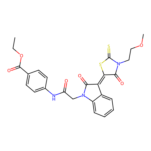 ethyl 4-[({(3Z)-3-[3-(2-methoxyethyl)-4-oxo-2-thioxo-1,3-thiazolidin-5-ylidene]-2-oxo-2,3-dihydro-1H-indol-1-yl}acetyl)amino]benzoate structure