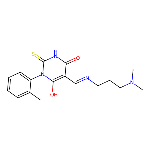 (E)-5-(((3-(dimethylamino)propyl)amino)methylene)-2-thioxo-1-(o-tolyl)dihydropyrimidine-4,6(1H,5H)-dione structure