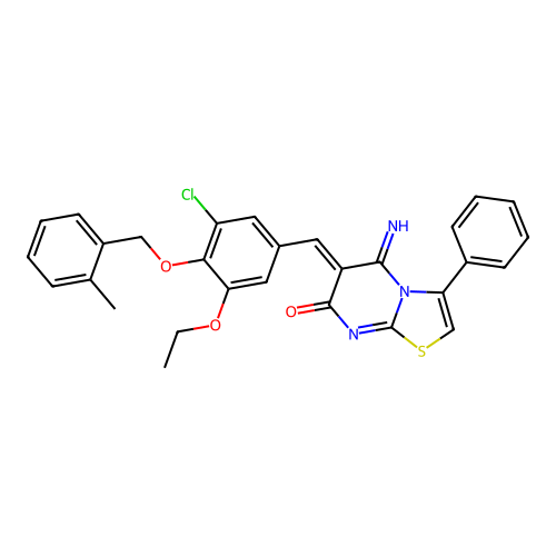 (6Z)-6-[[3-chloro-5-ethoxy-4-[(2-methylphenyl)methoxy]phenyl]methylidene]-5-imino-3-phenyl-[1,3]thiazolo[3,2-a]pyrimidin-7-one structure