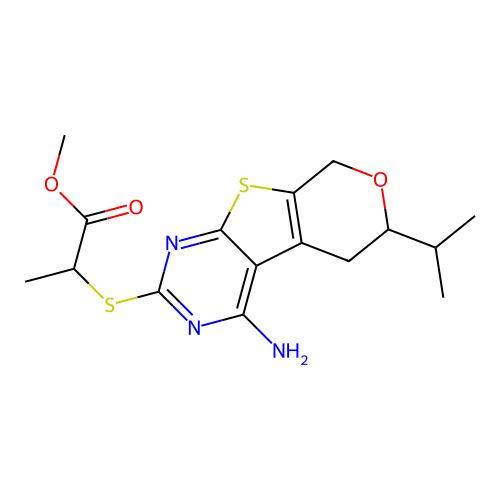 methyl 2-((4-amino-6-isopropyl-6,8-dihydro-5H-pyrano[4',3':4,5]thieno[2,3-d]pyrimidin-2-yl)thio)propanoate structure