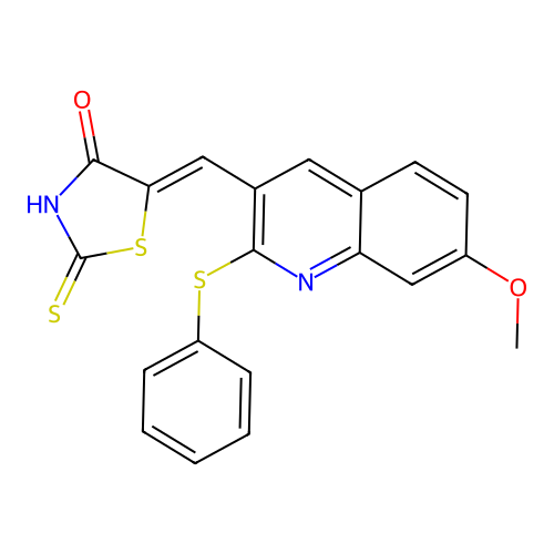 (Z)-5-((7-methoxy-2-(phenylthio)quinolin-3-yl)methylene)-2-thioxothiazolidin-4-one structure
