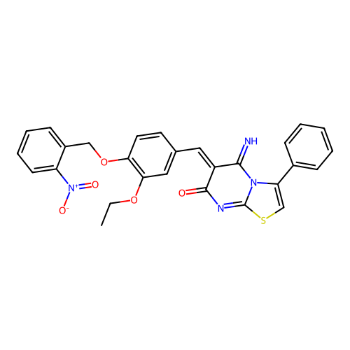 (6Z)-6-{3-ethoxy-4-[(2-nitrobenzyl)oxy]benzylidene}-5-imino-3-phenyl-5,6-dihydro-7H-[1,3]thiazolo[3,2-a]pyrimidin-7-one structure