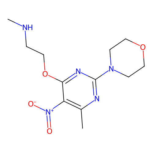 N-methyl-2-{[6-methyl-2-(morpholin-4-yl)-5-nitropyrimidin-4-yl]oxy}ethanamine structure