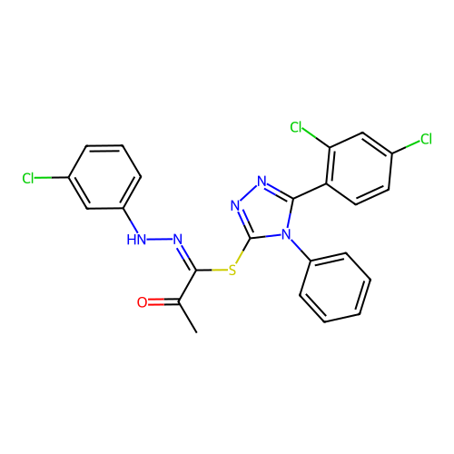 (E)-5-(2,4-dichlorophenyl)-4-phenyl-4H-1,2,4-triazol-3-yl N'-(3-chlorophenyl)-2-oxopropanehydrazonothioate structure
