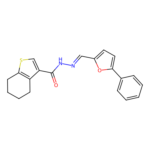(E)-N'-((5-phenylfuran-2-yl)methylene)-4,5,6,7-tetrahydrobenzo[b]thiophene-3-carbohydrazide structure