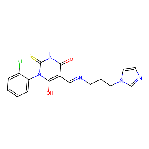 (5E)-1-(2-chlorophenyl)-5-[(3-imidazol-1-ylpropylamino)methylidene]-2-sulfanylidene-1,3-diazinane-4,6-dione structure