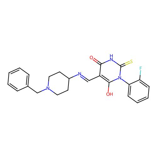 (5E)-5-[[(1-benzylpiperidin-4-yl)amino]methylidene]-1-(2-fluorophenyl)-2-sulfanylidene-1,3-diazinane-4,6-dione structure