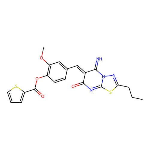 (Z)-4-((5-imino-7-oxo-2-propyl-5H-[1,3,4]thiadiazolo[3,2-a]pyrimidin-6(7H)-ylidene)methyl)-2-methoxyphenyl thiophene-2-carboxylate structure
