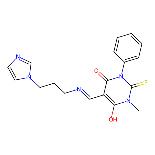 (5E)-5-({[3-(1H-imidazol-1-yl)propyl]amino}methylidene)-1-methyl-3-phenyl-2-thioxodihydropyrimidine-4,6(1H,5H)-dione structure