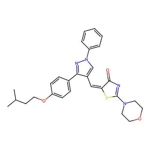 (5E)-5-[[3-[4-(3-methylbutoxy)phenyl]-1-phenylpyrazol-4-yl]methylidene]-2-morpholin-4-yl-1,3-thiazol-4-one structure