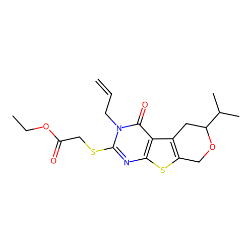 ethyl {[4-oxo-6-(propan-2-yl)-3-(prop-2-en-1-yl)-3,5,6,8-tetrahydro-4H-pyrano[4',3':4,5]thieno[2,3-d]pyrimidin-2-yl]sulfanyl}acetate structure