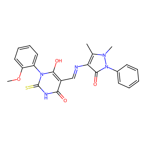 (E)-5-(((1,5-dimethyl-3-oxo-2-phenyl-2,3-dihydro-1H-pyrazol-4-yl)amino)methylene)-1-(2-methoxyphenyl)-2-thioxodihydropyrimidine-4,6(1H,5H)-dione structure