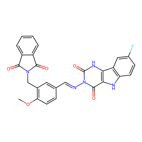 (E)-3-((3-((1,3-dioxoisoindolin-2-yl)methyl)-4-methoxybenzylidene)amino)-8-fluoro-1H-pyrimido[5,4-b]indole-2,4(3H,5H)-dione structure