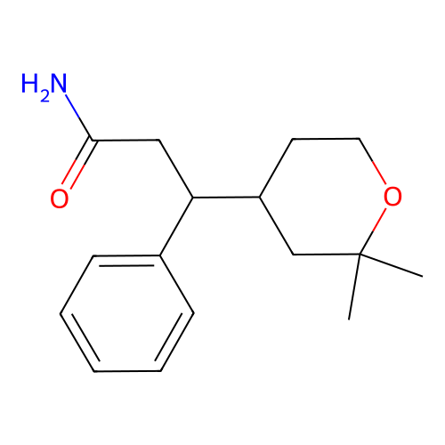 3-(2,2-dimethyltetrahydro-2H-pyran-4-yl)-3-phenylpropanamide structure