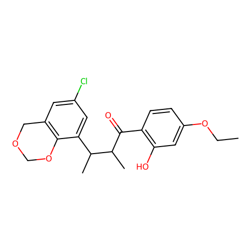 3-(6-chloro-4H-1,3-benzodioxin-8-yl)-1-(4-ethoxy-2-hydroxyphenyl)-2-methylbutan-1-one structure
