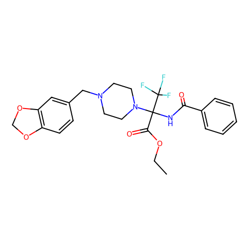 (S)-ethyl 2-benzamido-2-(4-(benzo[d][1,3]dioxol-5-ylmethyl)piperazin-1-yl)-3,3,3-trifluoropropanoate structure