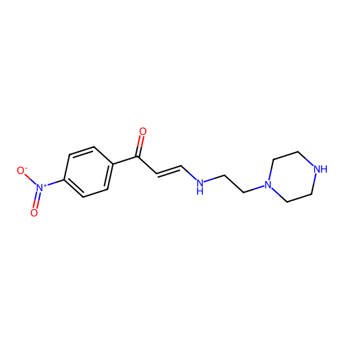 (1E,3E)-1-(4-nitrophenyl)-3-((2-(piperazin-1-yl)ethyl)imino)prop-1-en-1-ol structure