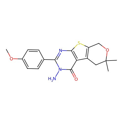 3-amino-2-(4-methoxyphenyl)-6,6-dimethyl-3,5,6,8-tetrahydro-4H-pyrano[4',3':4,5]thieno[2,3-d]pyrimidin-4-one structure