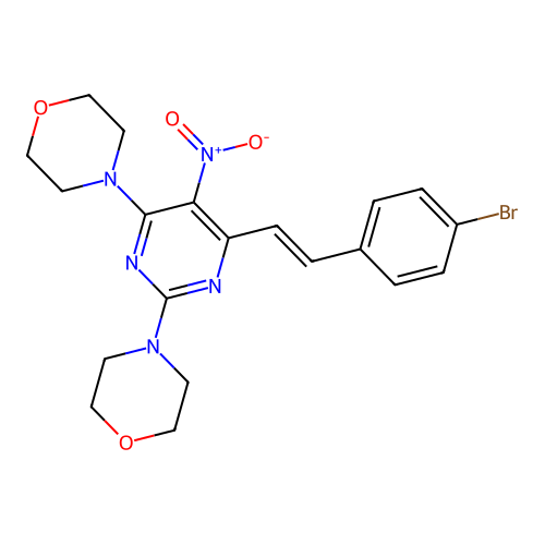 (E)-4,4'-(6-(4-bromostyryl)-5-nitropyrimidine-2,4-diyl)dimorpholine structure