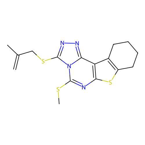 3-((2-methylallyl)thio)-5-(methylthio)-8,9,10,11-tetrahydrobenzo[4,5]thieno[3,2-e][1,2,4]triazolo[4,3-c]pyrimidine structure