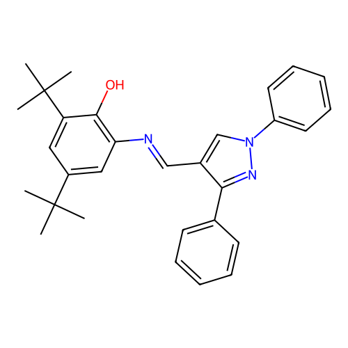 (E)-2,4-di-tert-butyl-6-(((1,3-diphenyl-1H-pyrazol-4-yl)methylene)amino)phenol structure